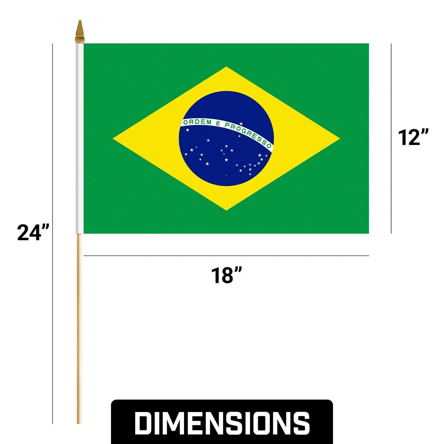 G128 24 Pack Handheld Brazil Brazilian Stick Flags 12X18 in Printed 150D Polyester, Country Flag, Solid Wooden Stick, Spear Gold Tip