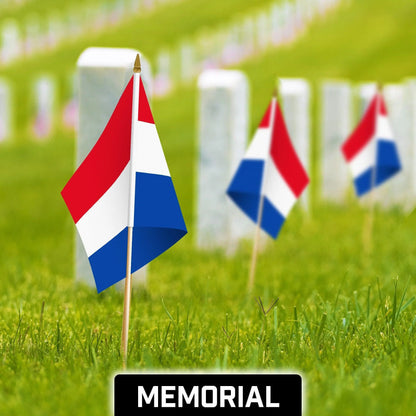 G128 50 Pack Handheld Netherlands Dutch Stick Flags 12X18 in Printed 150D Polyester, Country Flag, Solid Wooden Stick, Spear Gold Tip