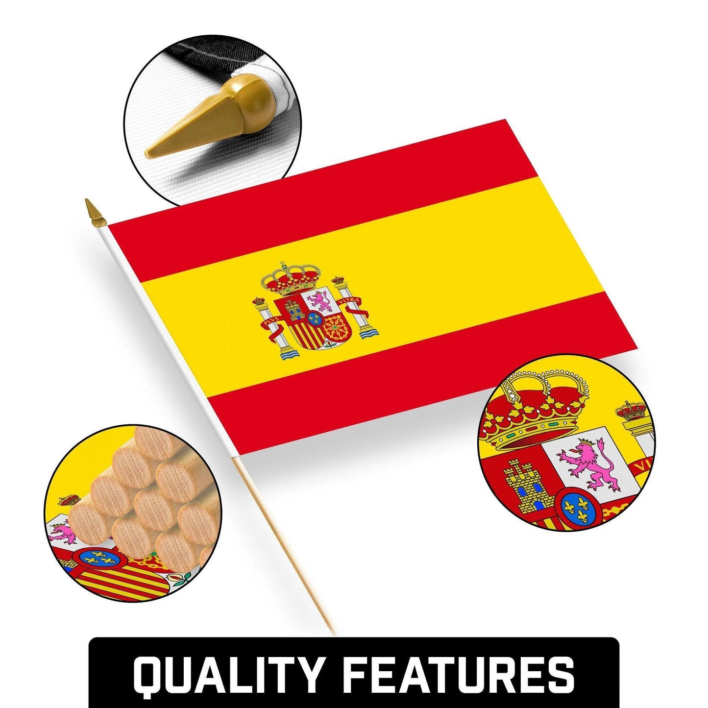 G128 24 Pack Handheld Spain Spanish Stick Flags 12X18 in Printed 150D Polyester, Country Flag, Solid Wooden Stick, Spear Gold Tip