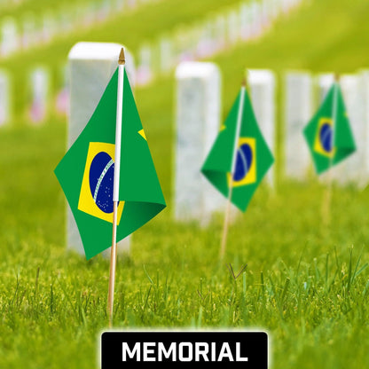 G128 24 Pack Handheld Brazil Brazilian Stick Flags 12X18 in Printed 150D Polyester, Country Flag, Solid Wooden Stick, Spear Gold Tip