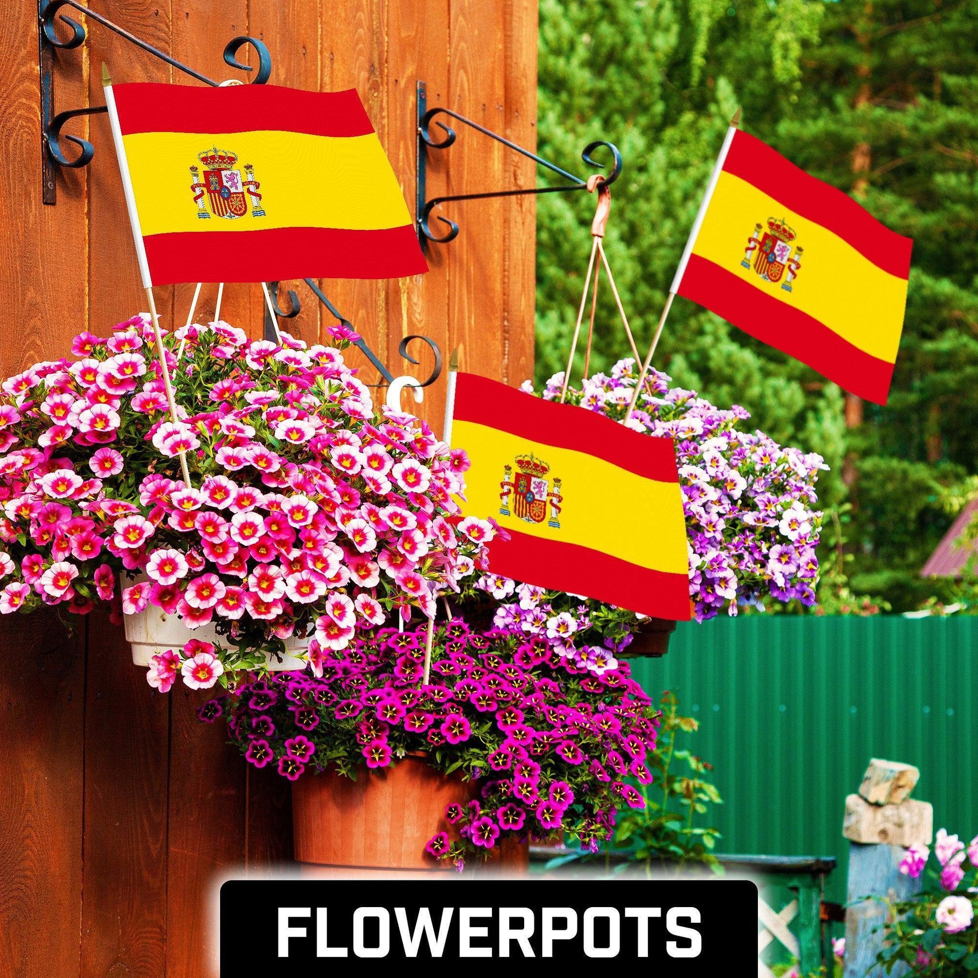 G128 24 Pack Handheld Spain Spanish Stick Flags 12X18 in Printed 150D Polyester, Country Flag, Solid Wooden Stick, Spear Gold Tip