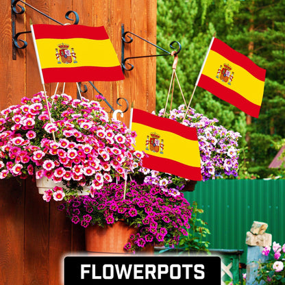 G128 24 Pack Handheld Spain Spanish Stick Flags 12X18 in Printed 150D Polyester, Country Flag, Solid Wooden Stick, Spear Gold Tip