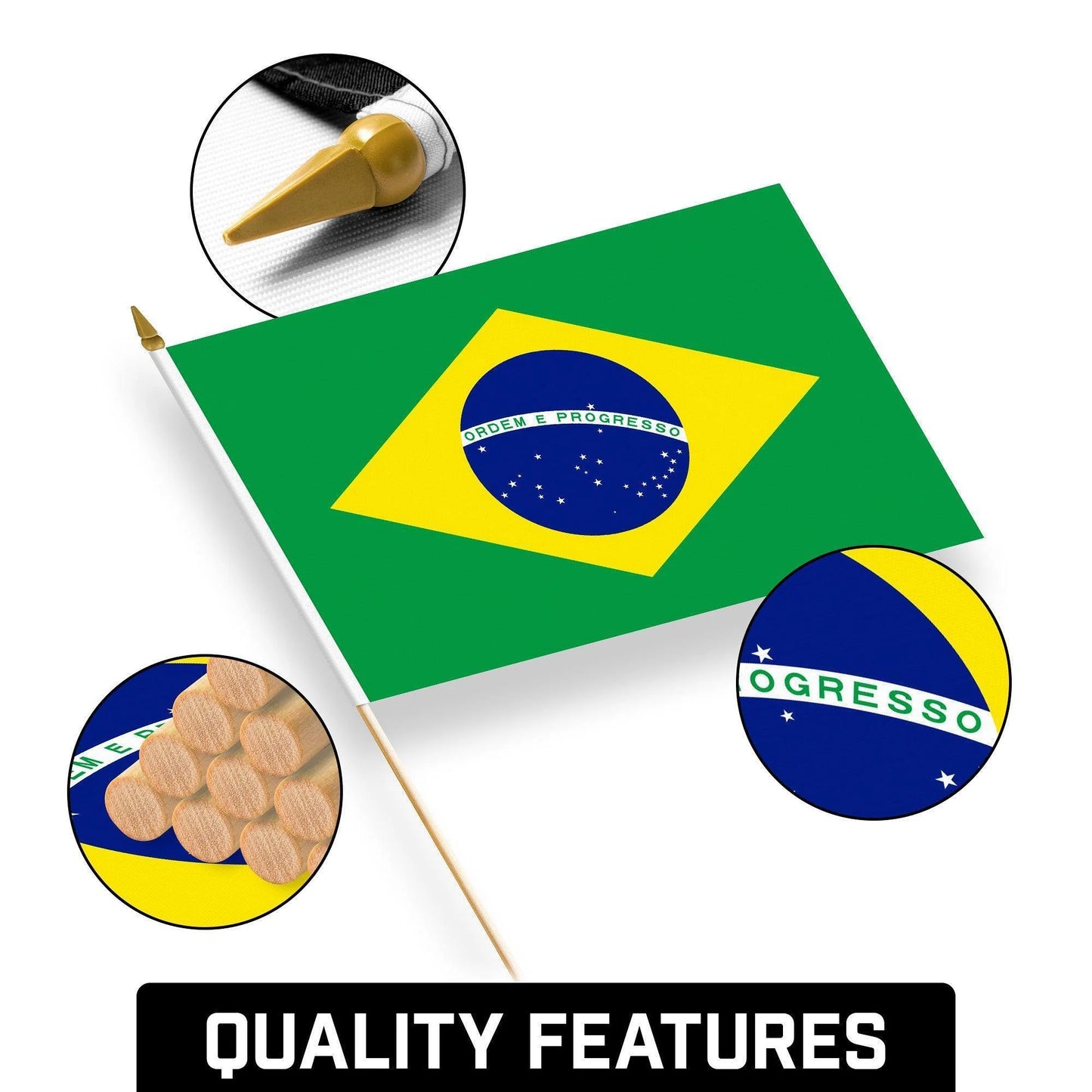 G128 24 Pack Handheld Brazil Brazilian Stick Flags 12X18 in Printed 150D Polyester, Country Flag, Solid Wooden Stick, Spear Gold Tip