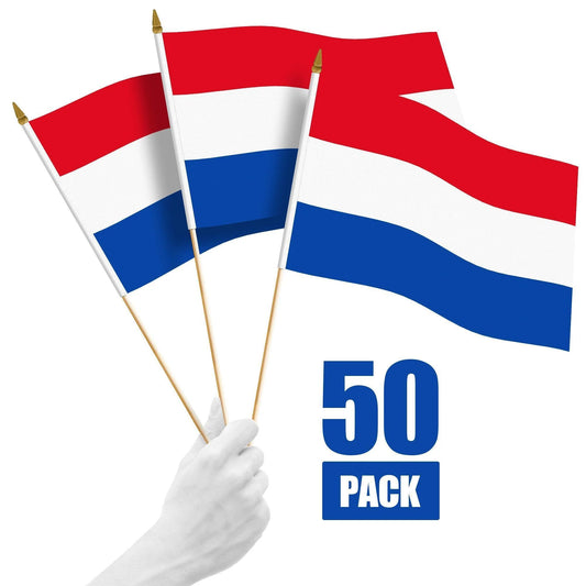 G128 50 Pack Handheld Netherlands Dutch Stick Flags 12X18 in Printed 150D Polyester, Country Flag, Solid Wooden Stick, Spear Gold Tip