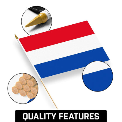 G128 50 Pack Handheld Netherlands Dutch Stick Flags 12X18 in Printed 150D Polyester, Country Flag, Solid Wooden Stick, Spear Gold Tip