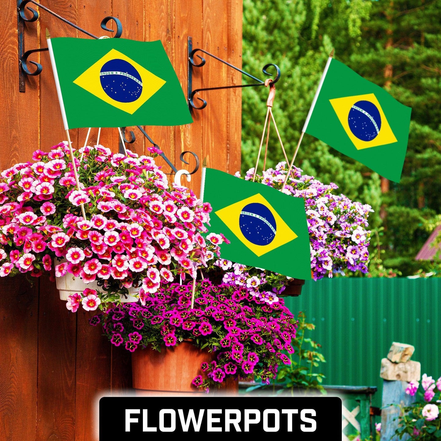 G128 24 Pack Handheld Brazil Brazilian Stick Flags 12X18 in Printed 150D Polyester, Country Flag, Solid Wooden Stick, Spear Gold Tip
