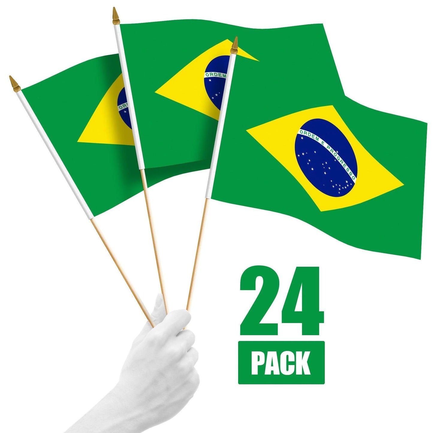 G128 24 Pack Handheld Brazil Brazilian Stick Flags 12X18 in Printed 150D Polyester, Country Flag, Solid Wooden Stick, Spear Gold Tip