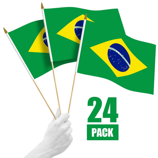G128 24 Pack Handheld Brazil Brazilian Stick Flags 12X18 in Printed 150D Polyester, Country Flag, Solid Wooden Stick, Spear Gold Tip