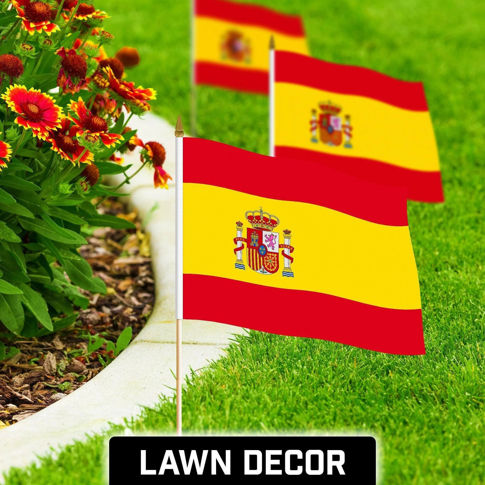 G128 30 Pack Handheld Spain Spanish Stick Flags 12X18 in Printed 150D Polyester, Country Flag, Solid Wooden Stick, Spear Gold Tip