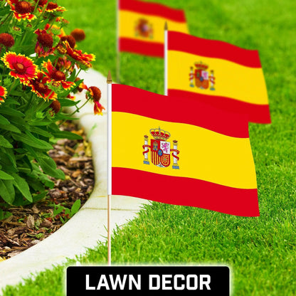 G128 30 Pack Handheld Spain Spanish Stick Flags 12X18 in Printed 150D Polyester, Country Flag, Solid Wooden Stick, Spear Gold Tip