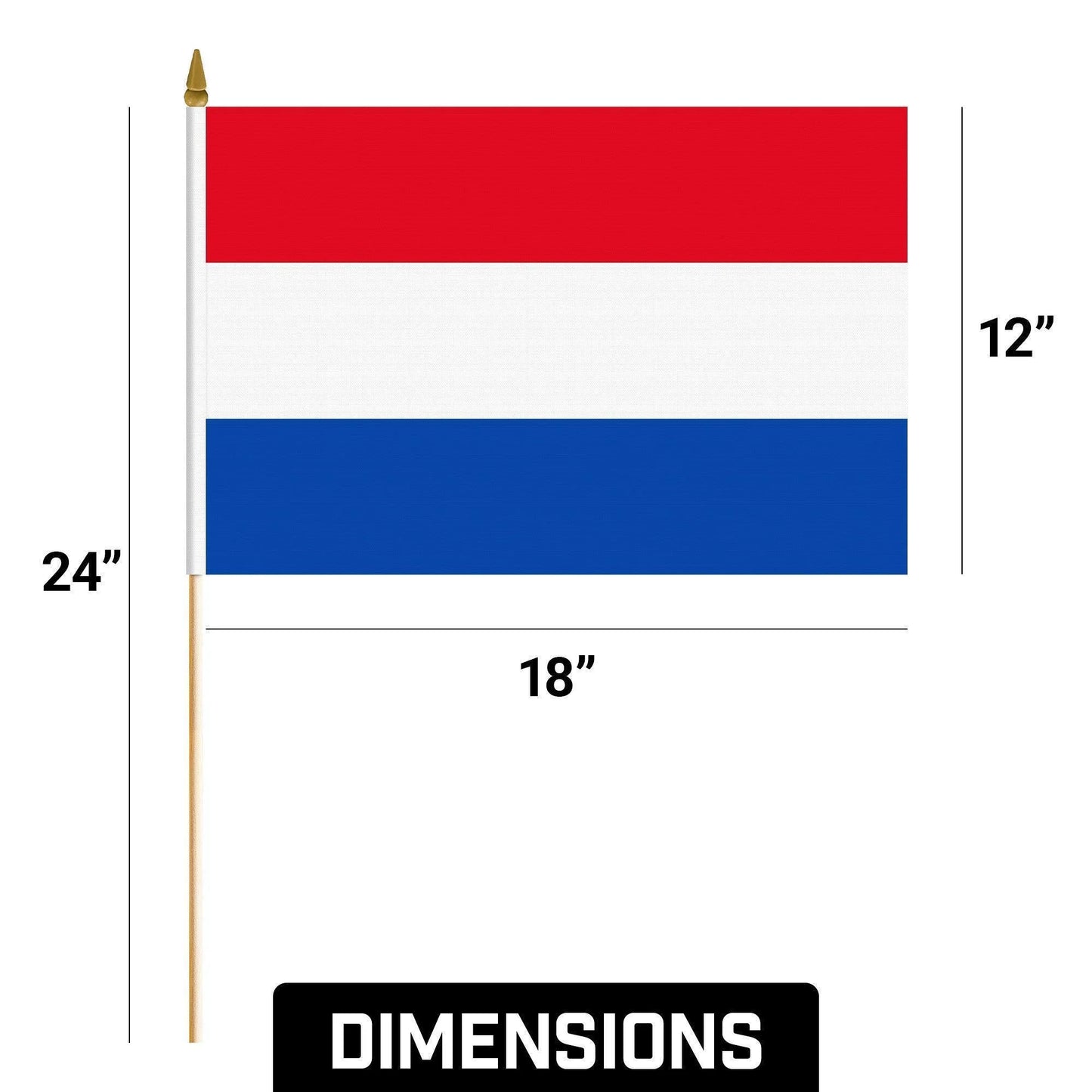 G128 50 Pack Handheld Netherlands Dutch Stick Flags 12X18 in Printed 150D Polyester, Country Flag, Solid Wooden Stick, Spear Gold Tip