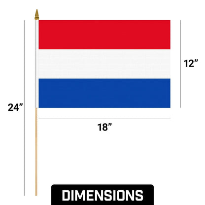 G128 50 Pack Handheld Netherlands Dutch Stick Flags 12X18 in Printed 150D Polyester, Country Flag, Solid Wooden Stick, Spear Gold Tip