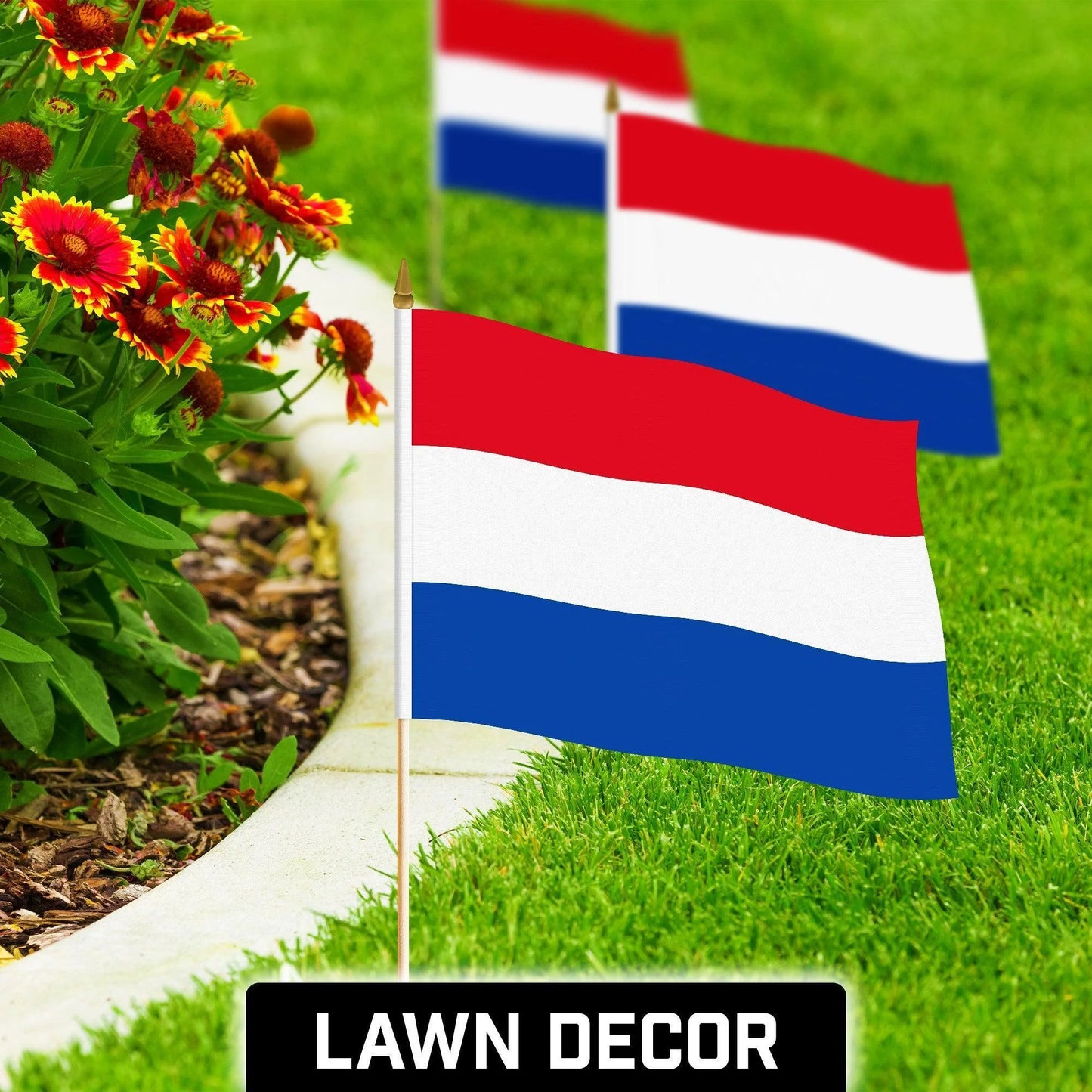 G128 50 Pack Handheld Netherlands Dutch Stick Flags 12X18 in Printed 150D Polyester, Country Flag, Solid Wooden Stick, Spear Gold Tip