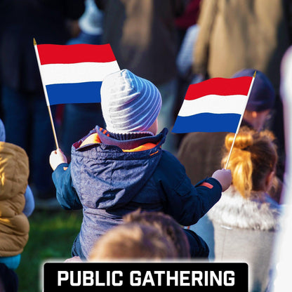 G128 50 Pack Handheld Netherlands Dutch Stick Flags 12X18 in Printed 150D Polyester, Country Flag, Solid Wooden Stick, Spear Gold Tip