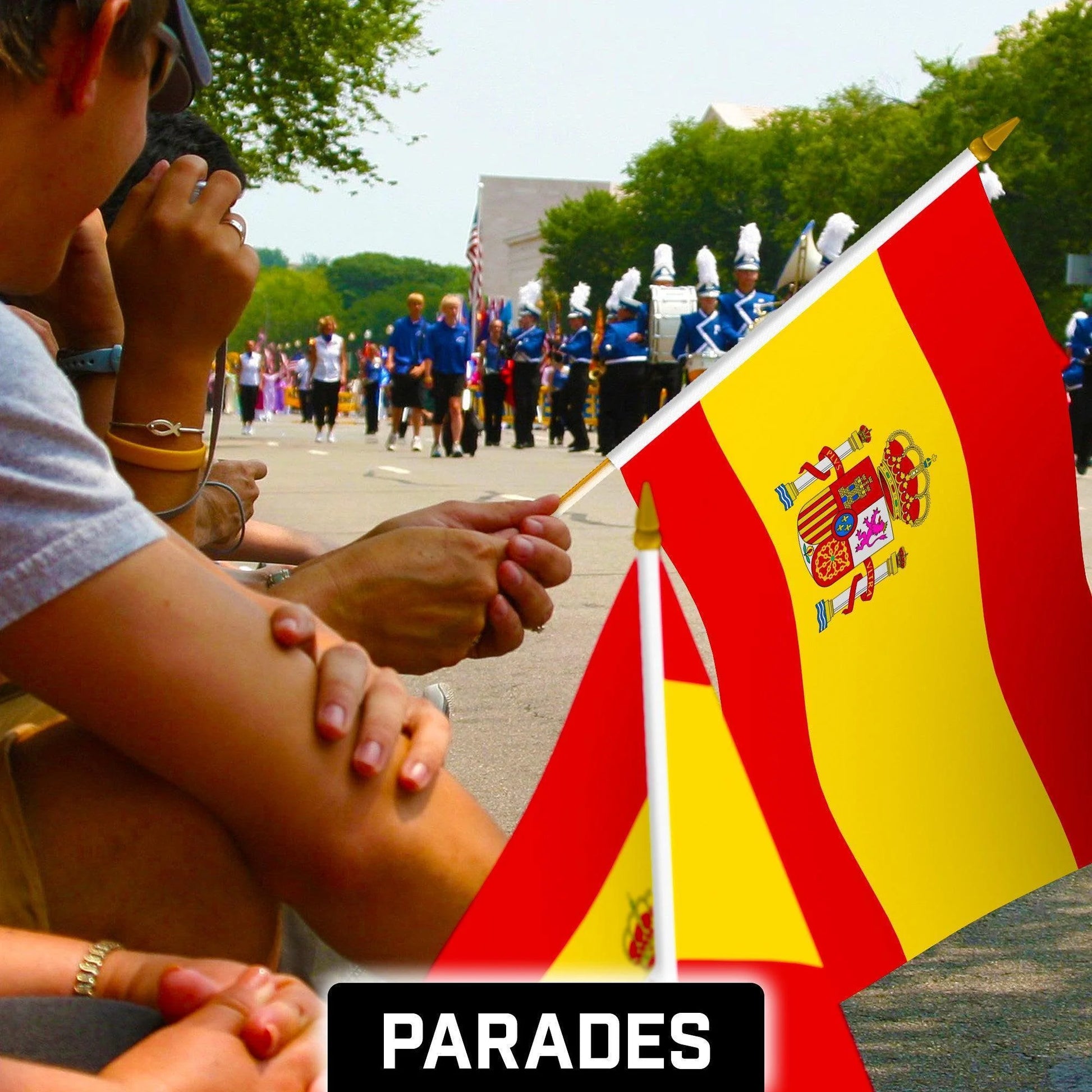 G128 30 Pack Handheld Spain Spanish Stick Flags 12X18 in Printed 150D Polyester, Country Flag, Solid Wooden Stick, Spear Gold Tip