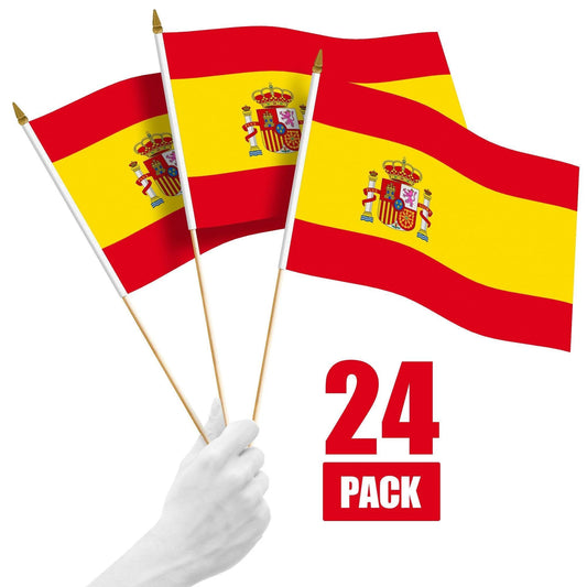 G128 24 Pack Handheld Spain Spanish Stick Flags 12X18 in Printed 150D Polyester, Country Flag, Solid Wooden Stick, Spear Gold Tip
