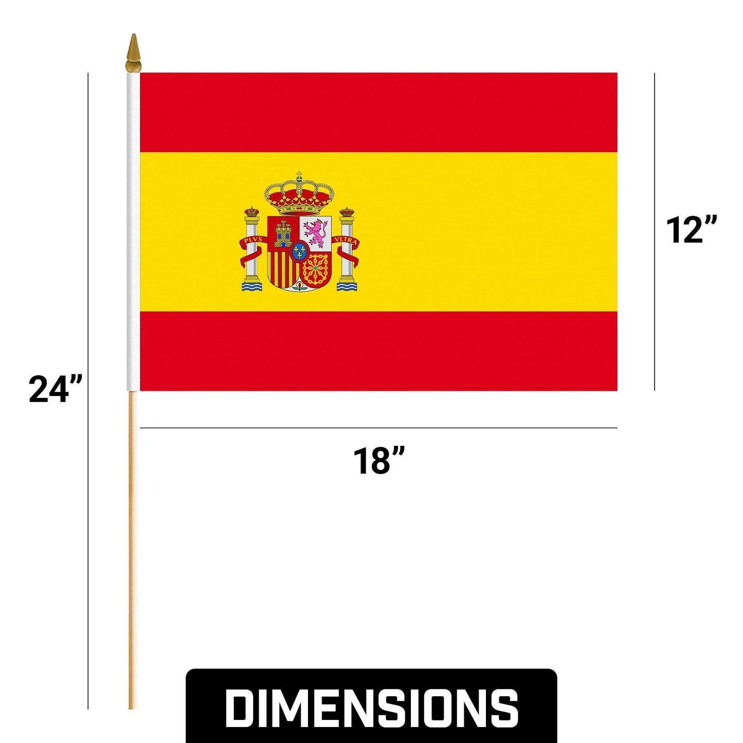 G128 24 Pack Handheld Spain Spanish Stick Flags 12X18 in Printed 150D Polyester, Country Flag, Solid Wooden Stick, Spear Gold Tip