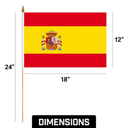 G128 24 Pack Handheld Spain Spanish Stick Flags 12X18 in Printed 150D Polyester, Country Flag, Solid Wooden Stick, Spear Gold Tip