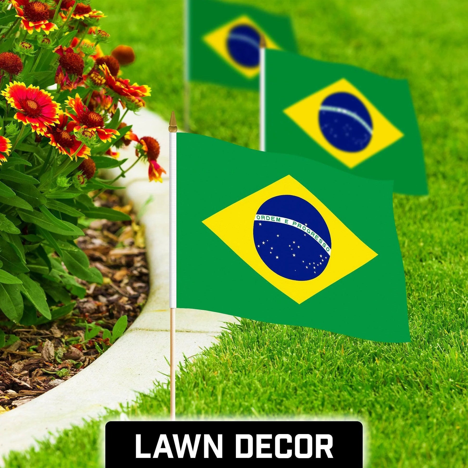 G128 24 Pack Handheld Brazil Brazilian Stick Flags 12X18 in Printed 150D Polyester, Country Flag, Solid Wooden Stick, Spear Gold Tip