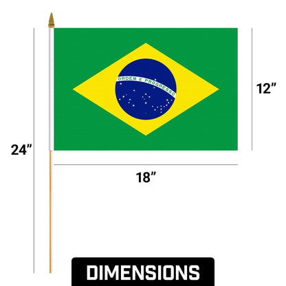 G128 24 Pack Handheld Brazil Brazilian Stick Flags 12X18 in Printed 150D Polyester, Country Flag, Solid Wooden Stick, Spear Gold Tip